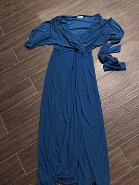 Deep Blue Wrap Maxi Dress with V-Neck